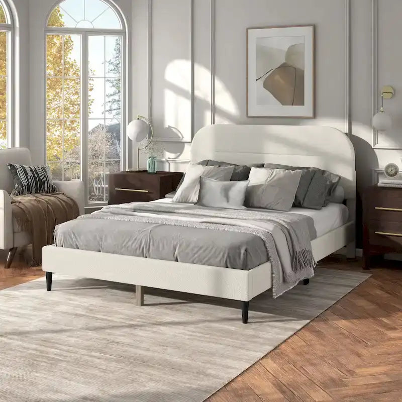 Lit plateforme queen-size réglable en bouclette blanche moderne