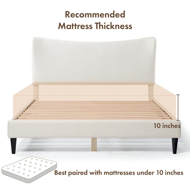 Lit plateforme queen-size réglable en bouclette blanche moderne