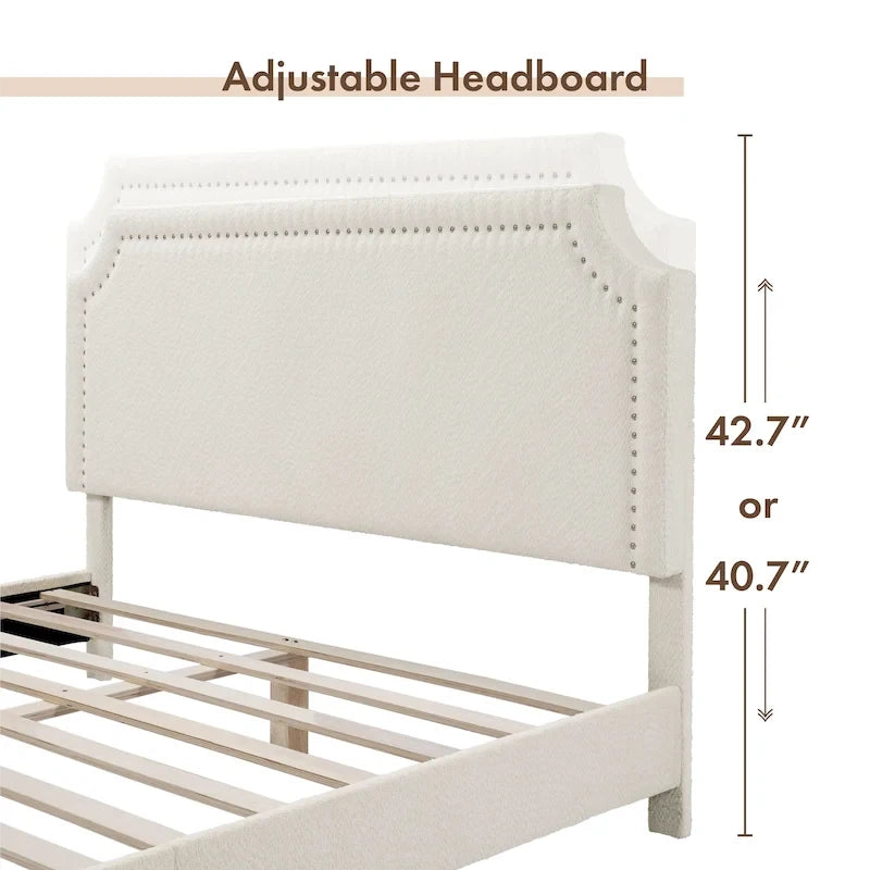 Lit plateforme queen-size réglable en bouclette blanche moderne