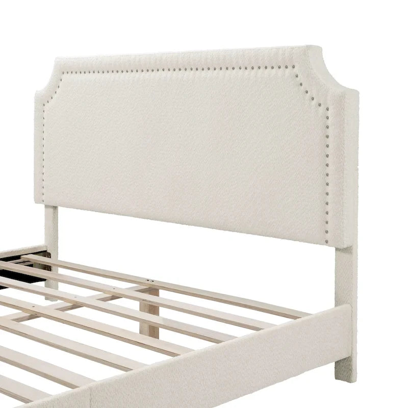Lit plateforme queen-size réglable en bouclette blanche moderne