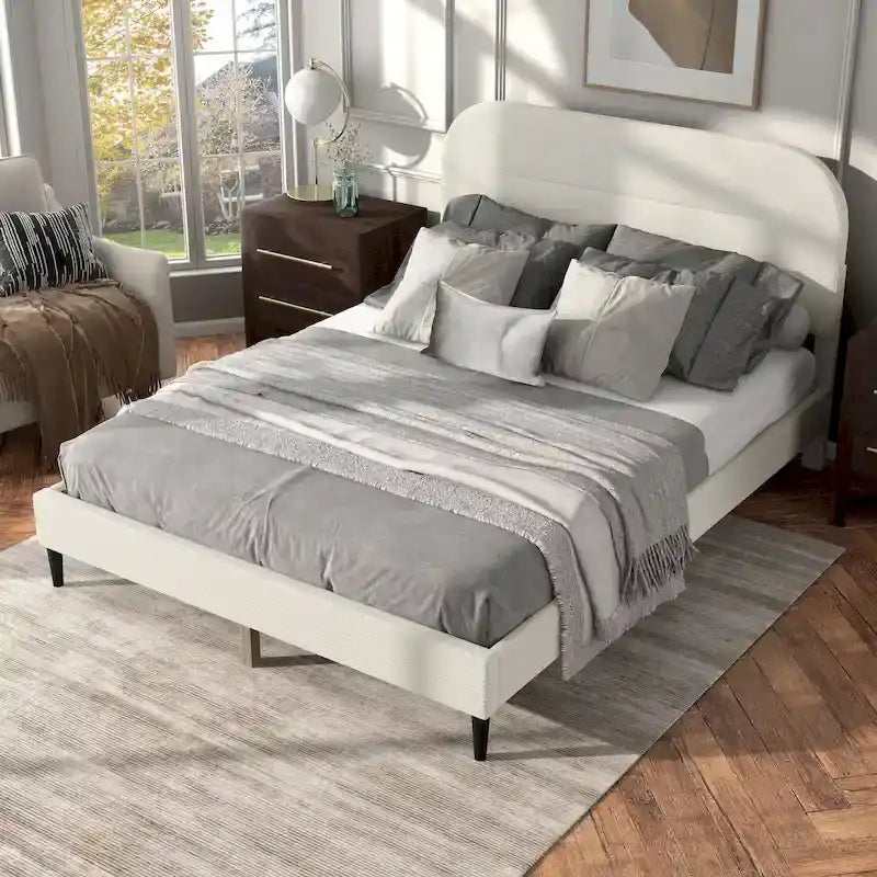 Lit plateforme queen-size réglable en bouclette blanche moderne