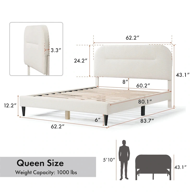 Lit plateforme queen-size réglable en bouclette blanche moderne
