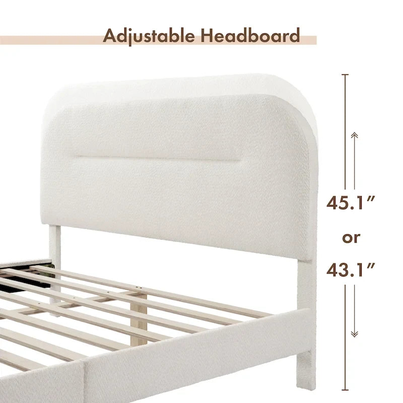 Lit plateforme queen-size réglable en bouclette blanche moderne