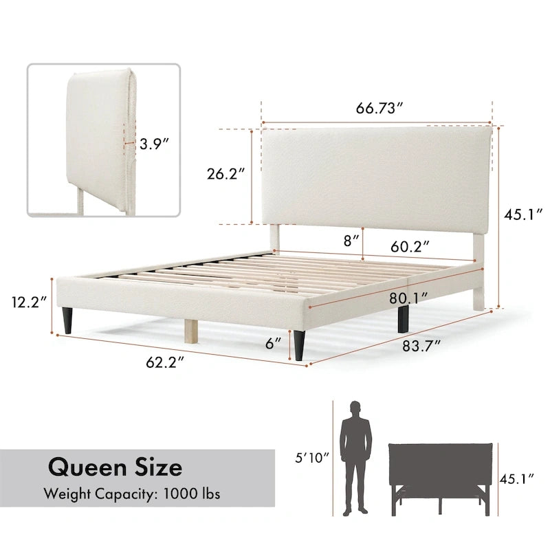 Lit plateforme queen-size réglable en bouclette blanche moderne