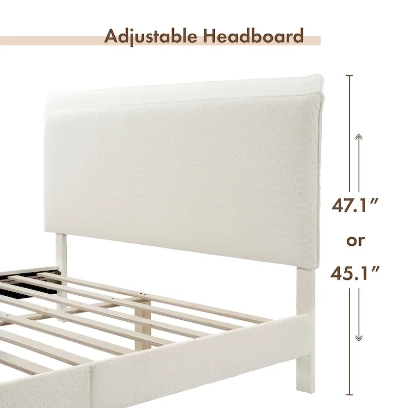 Lit plateforme queen-size réglable en bouclette blanche moderne