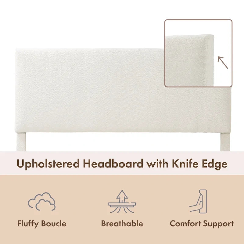 Lit plateforme queen-size réglable en bouclette blanche moderne