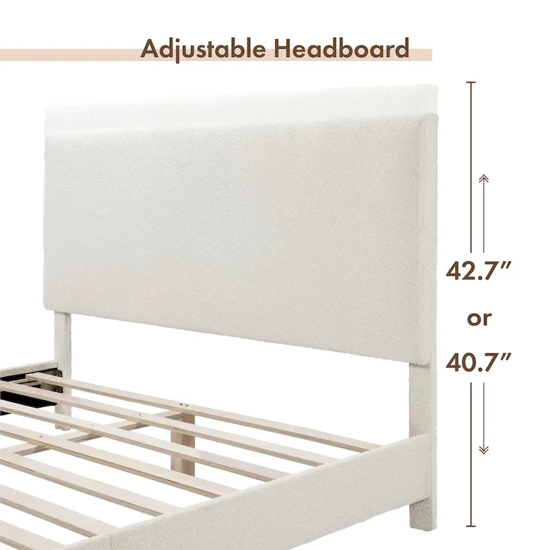Lit plateforme queen-size réglable en bouclette blanche moderne