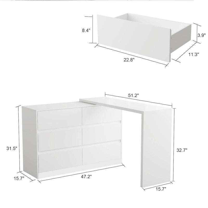 Commode et Bureau Rotatifs 6 Tiroirs – Coiffeuse Blanche/Noire