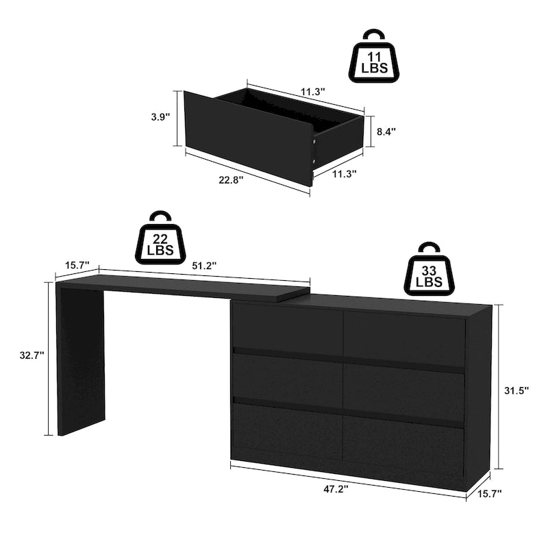 Commode et Bureau Rotatifs 6 Tiroirs – Coiffeuse Blanche/Noire