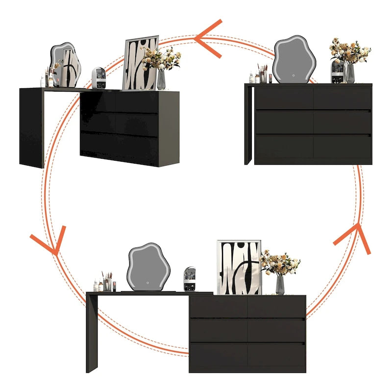 Commode et Bureau Rotatifs 6 Tiroirs – Coiffeuse Blanche/Noire