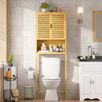 Meuble de rangement en bambou à placer au-dessus des toilettes avec étagère réglable et portes doubles