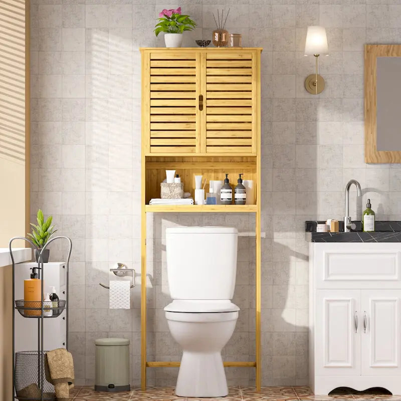 Meuble de rangement en bambou à placer au-dessus des toilettes avec étagère réglable et portes doubles