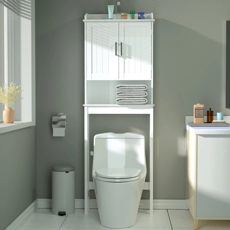 Meuble de rangement en bambou à placer au-dessus des toilettes avec étagère réglable et portes doubles