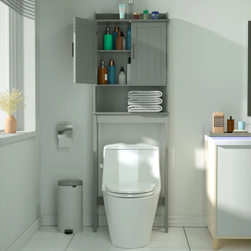 Meuble de rangement en bambou à placer au-dessus des toilettes avec étagère réglable et portes doubles
