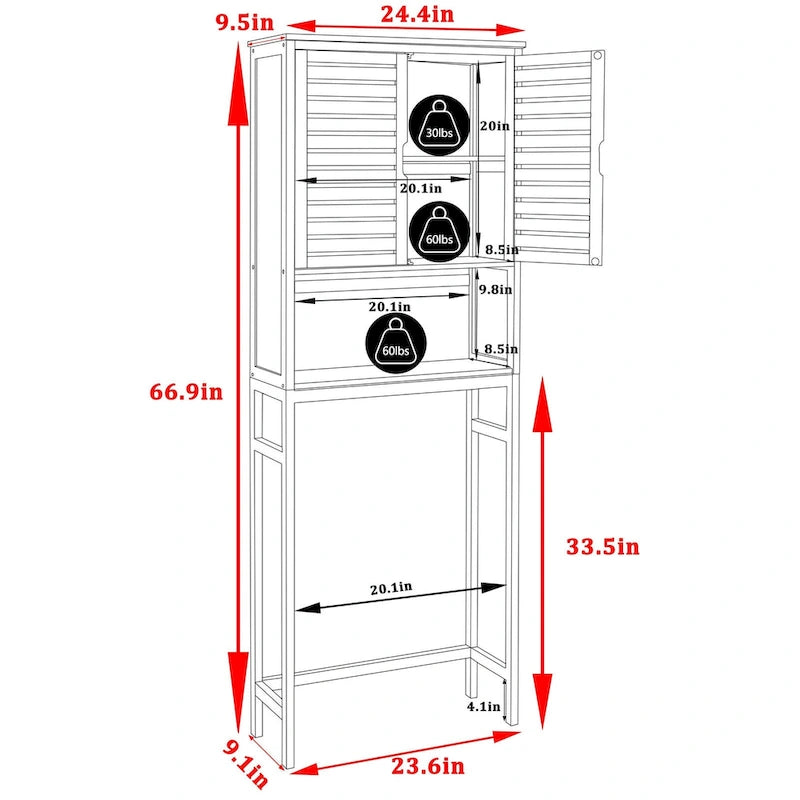 Meuble de rangement en bambou à placer au-dessus des toilettes avec étagère réglable et portes doubles