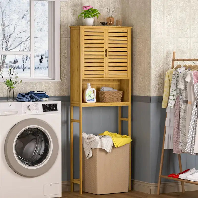 Meuble de rangement en bambou à placer au-dessus des toilettes avec étagère réglable et portes doubles