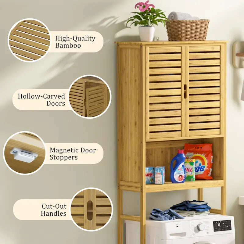 Meuble de rangement en bambou à placer au-dessus des toilettes avec étagère réglable et portes doubles