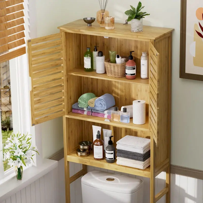 Meuble de rangement en bambou à placer au-dessus des toilettes avec étagère réglable et portes doubles