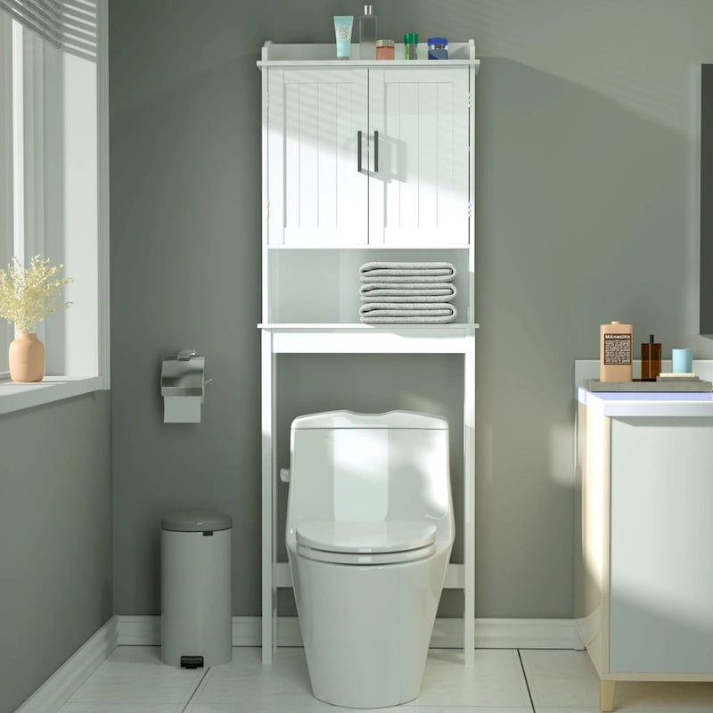 Meuble de rangement en bambou à placer au-dessus des toilettes avec étagère réglable et portes doubles