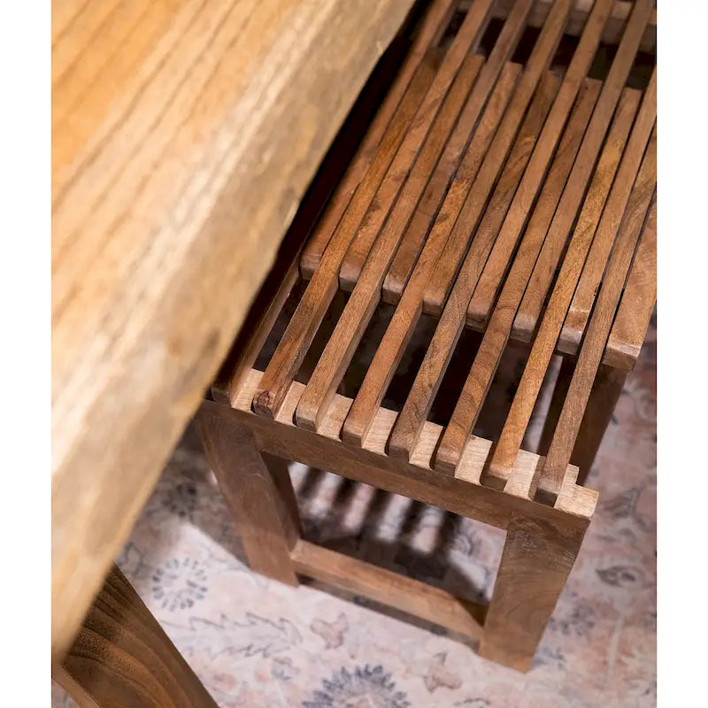Banc extensible en manguier massif naturel – Dessus à lattes, s'étend jusqu'à 152 cm