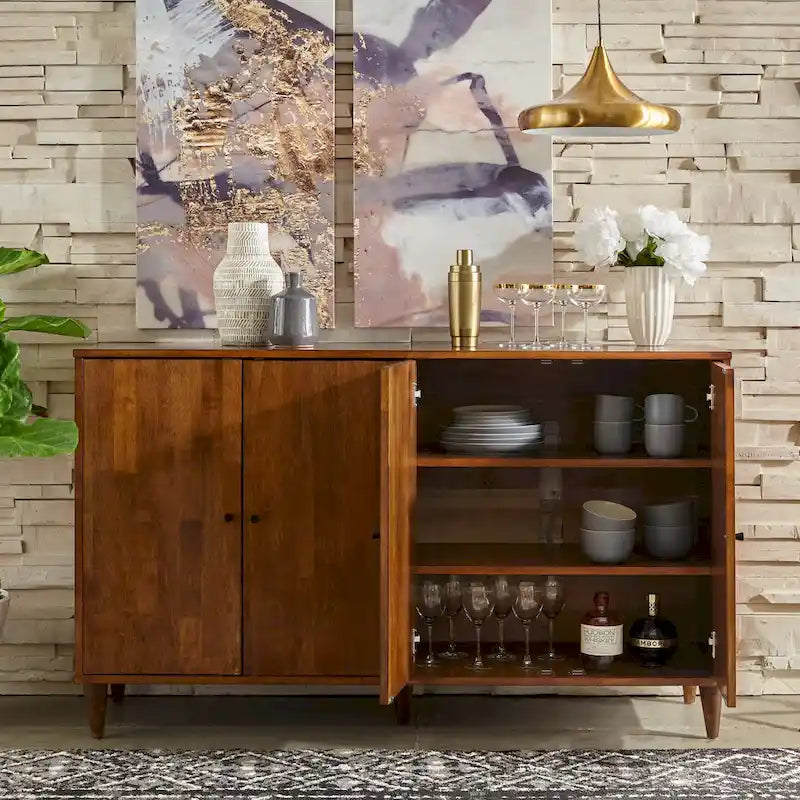 Buffet en bois massif – Meuble de rangement de salle à manger moderne du milieu du siècle