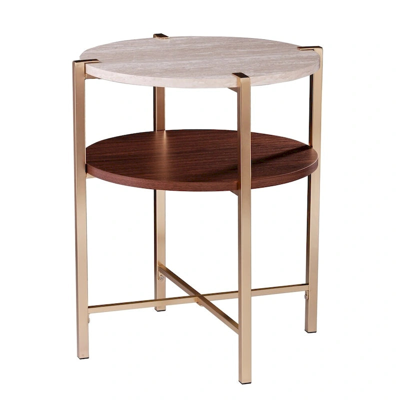 Table d'appoint ronde moderne Aldea – Dessus en faux marbre et étagère en bois