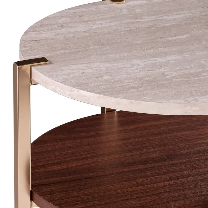 Table d'appoint ronde moderne Aldea – Dessus en faux marbre et étagère en bois