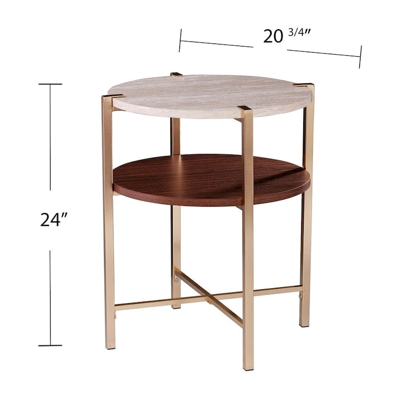 Table d'appoint ronde moderne Aldea – Dessus en faux marbre et étagère en bois