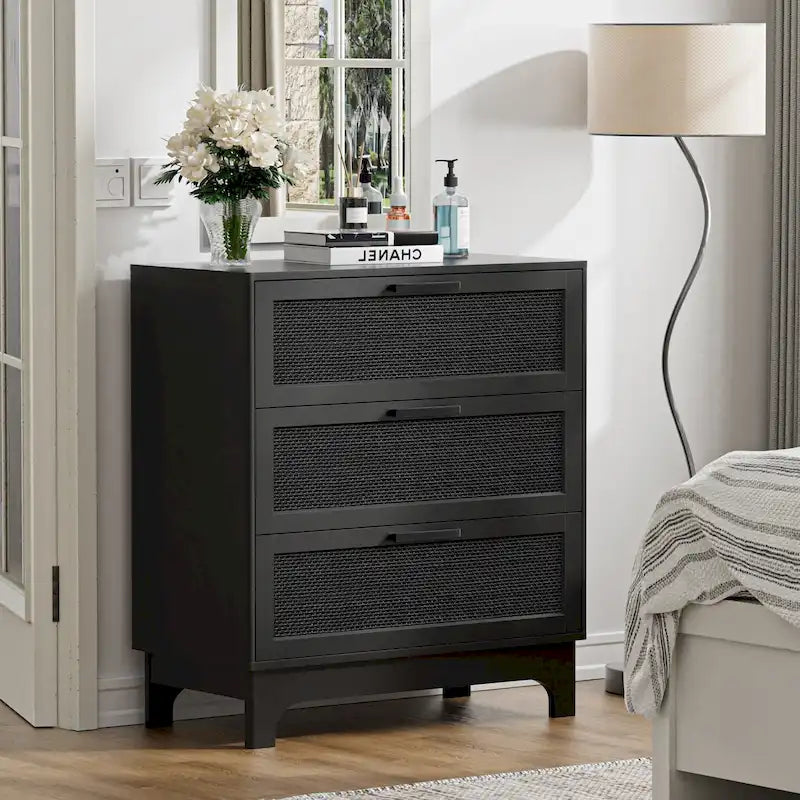 Commode noire à 3 tiroirs en rotin – Commode moderne pour chambre à coucher