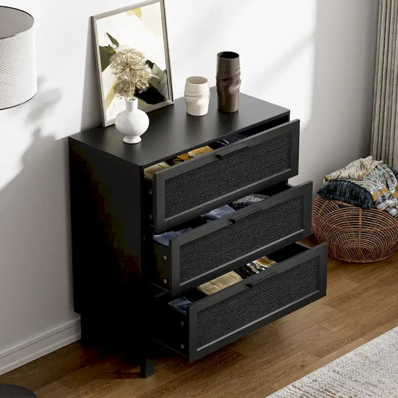 Commode noire à 3 tiroirs en rotin – Commode moderne pour chambre à coucher