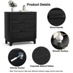 Commode noire à 3 tiroirs en rotin – Commode moderne pour chambre à coucher