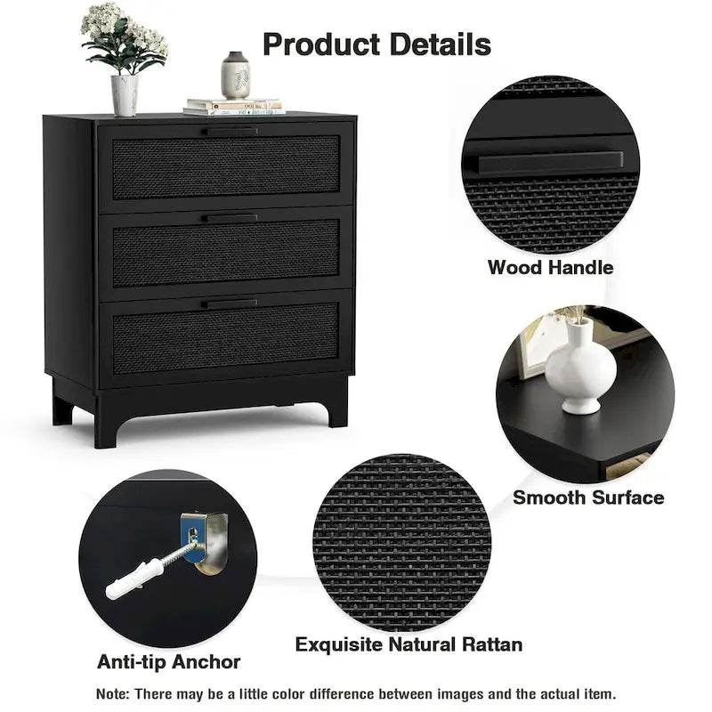 Commode noire à 3 tiroirs en rotin – Commode moderne pour chambre à coucher