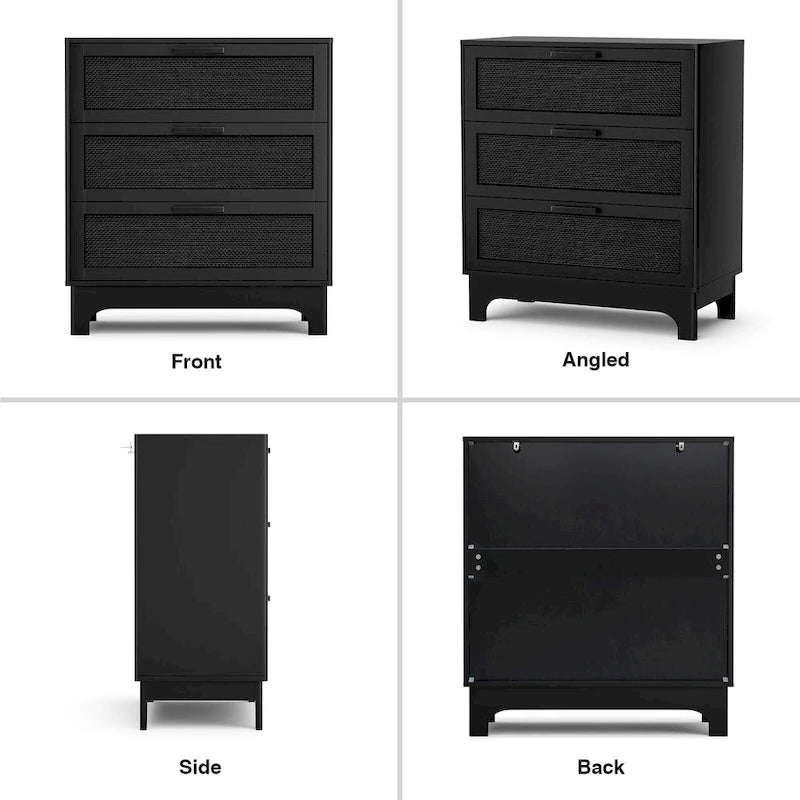 Commode noire à 3 tiroirs en rotin – Commode moderne pour chambre à coucher