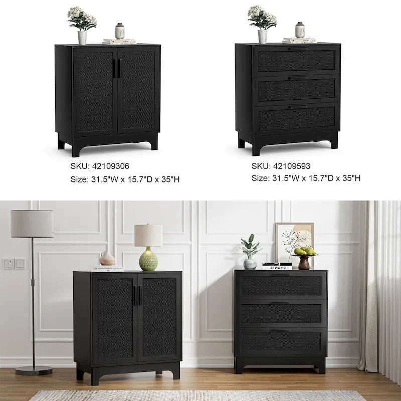 Commode noire à 3 tiroirs en rotin – Commode moderne pour chambre à coucher