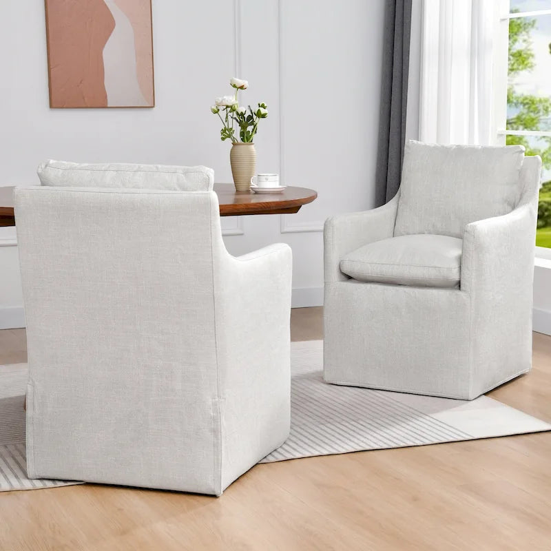 Chaises de salle à manger roulantes pivotantes rembourrées en lin 25 avec roulettes