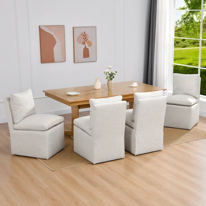 Chaises de salle à manger roulantes pivotantes rembourrées en lin 25 avec roulettes