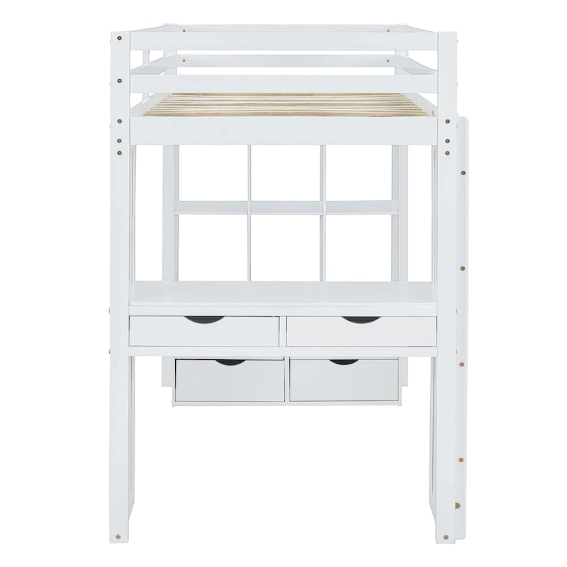 Lit mezzanine avec grandes étagères, bureau et éclairage LED