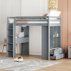 Lit mezzanine avec grandes étagères, bureau et éclairage LED