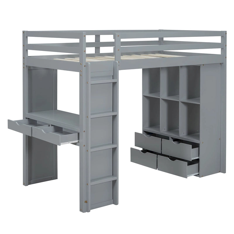 Lit mezzanine avec grandes étagères, bureau et éclairage LED