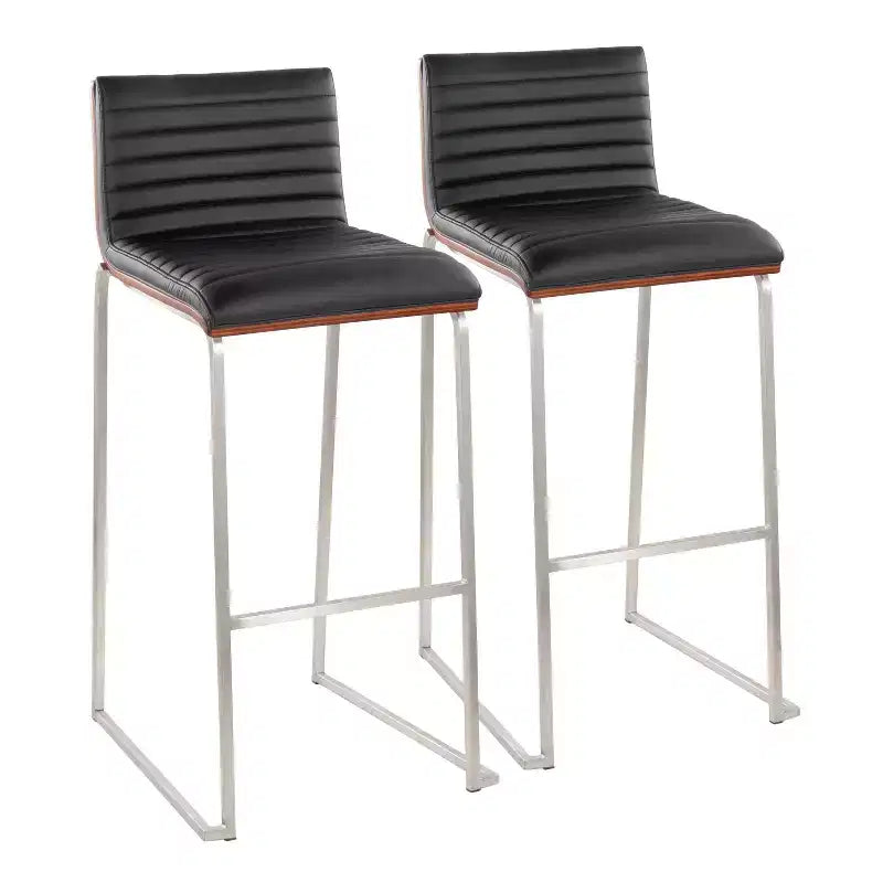 LumiSource Set of 2 30" Mason Mara Barstools Stainless Steel Walnut PU Leather