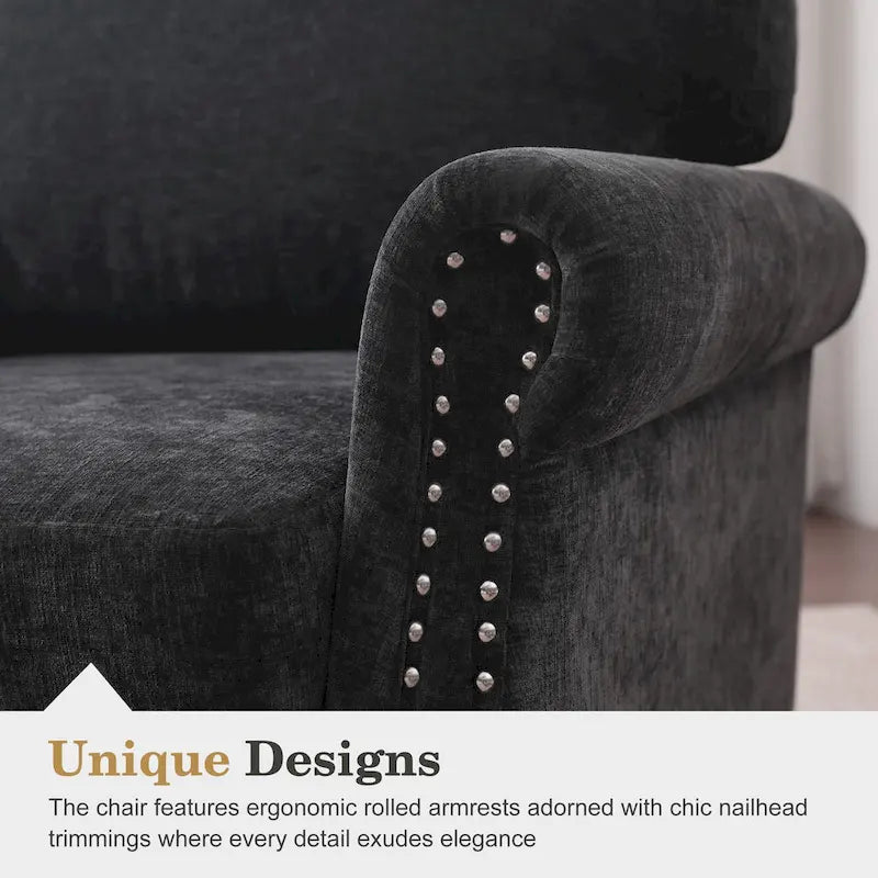 Fauteuil moderne rembourré avec clous décoratifs et pieds en bois