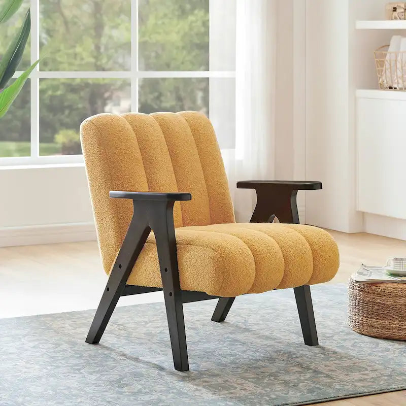 Fauteuil d'appoint moderne en tissu Sherpa Teddy – Cadre en bois Espresso