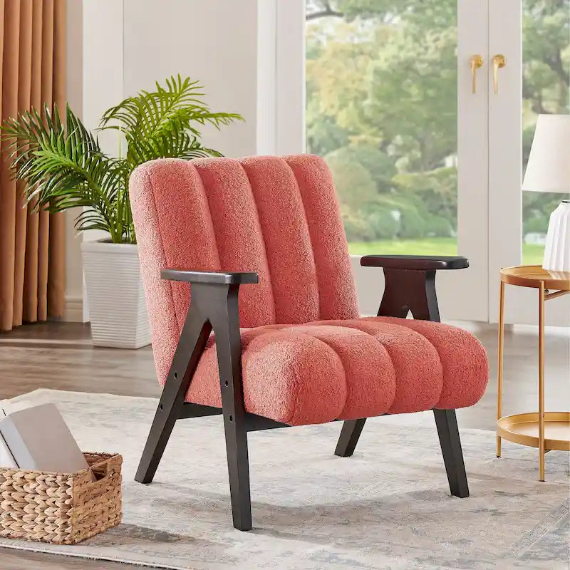 Fauteuil d'appoint moderne en tissu Sherpa Teddy – Cadre en bois Espresso