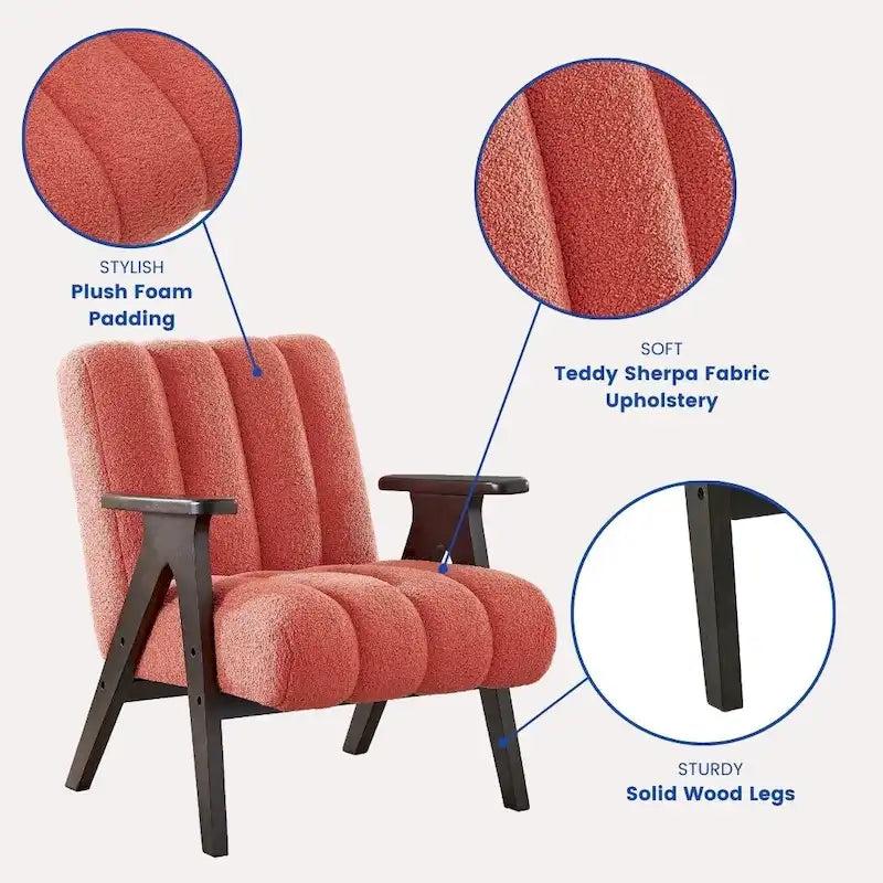 Fauteuil d'appoint moderne en tissu Sherpa Teddy – Cadre en bois Espresso